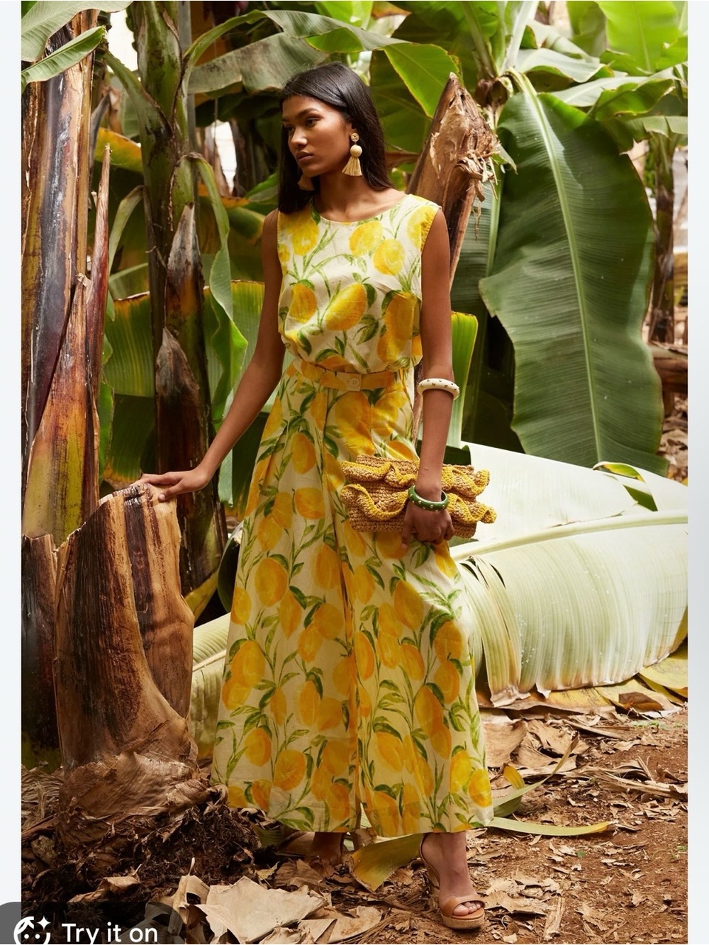 Coosy brand Bright Lemon-Print Wide-Leg Pants Set - Yellow